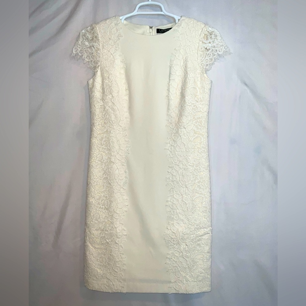 NWT‎ Women’s Lauren Ralph Lauren Ivory Sheath Dress Knee Length Lace Overlay 6